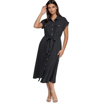Timeus Studio Women's Black Belted Shirt Dress with Pockets