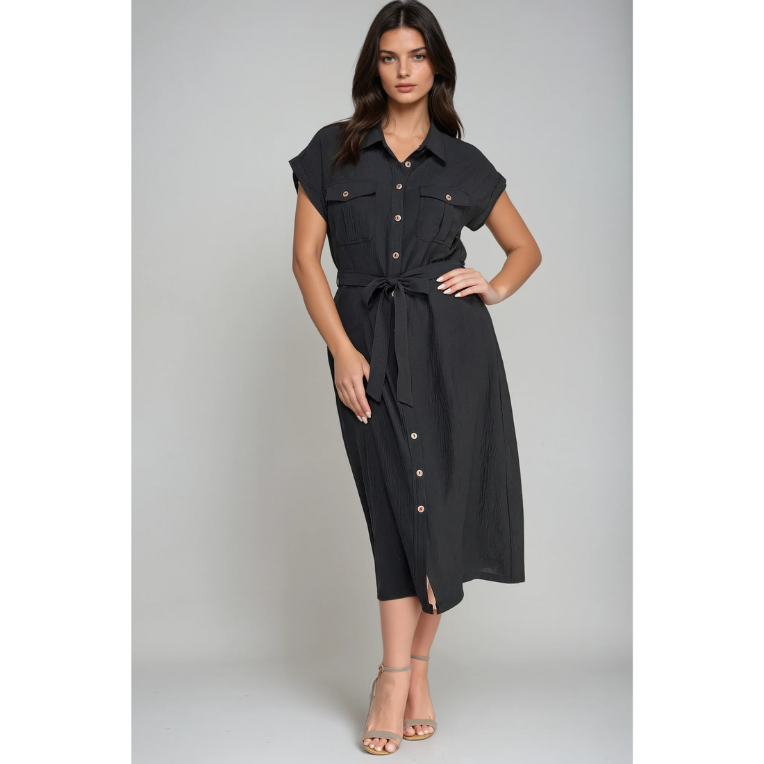 Timeus Studio Women's Black Belted Shirt Dress with Pockets