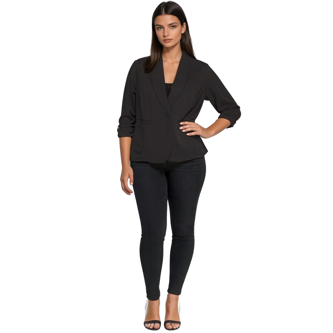 Timeus Studio Women's Black Ruched Sleeve Office Blazer for Women