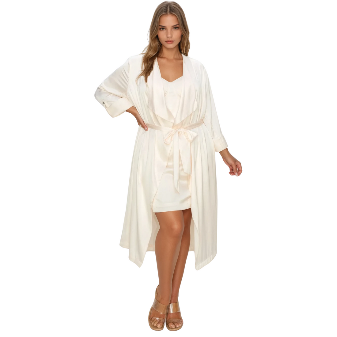 Timeus Studio Women's Beige Satin Slip Dress and Robe Set