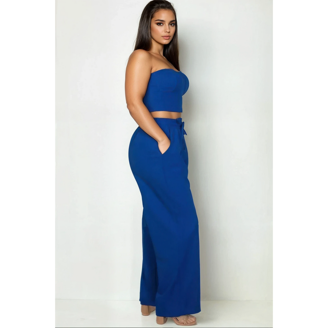 Timeus Studio Women's Blue Crop Top and Wide-Leg Pants Set